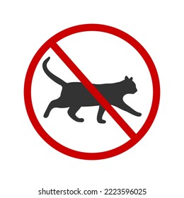 No cats allowed icon. Pets walking ban zone pictogram. Kitten prohibited symbol. Feline silhouette in red forbidden sign isolated on white background. Vector graphic illustration