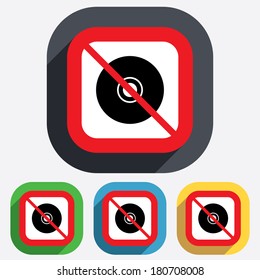 No CD or DVD sign icon. Compact disc symbol. Red square prohibition sign. Stop flat symbol. Vector