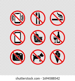 No cell phone, camera, ice cream, stop smoking, eating, no dogs, no drinking alcohol, fast food icon set in black and red. Forbidden symbol simple on isolated background. EPS 10 vector.