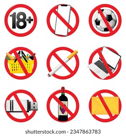 No cell phone, games, picnic, drink, smoking, spam, not use laptop and flash drive signs. Prohibition or forbidden sign set isolated.