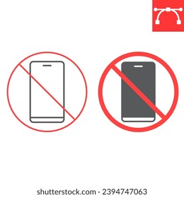 No cell phone line and glyph icon, prohibition and forbidden, no smartphone sign, vector graphics, editable stroke outline sign, eps 10.
