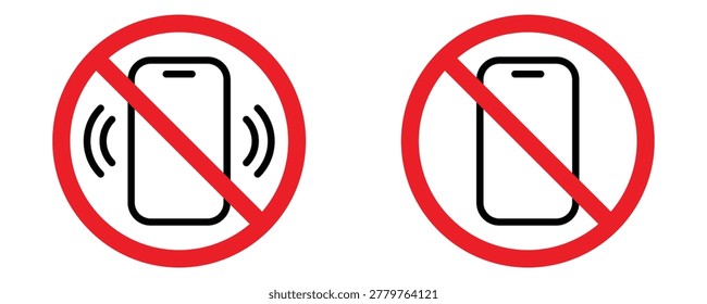 No cell phone ringing and silent mode mobile device prohibition signs vector illustration