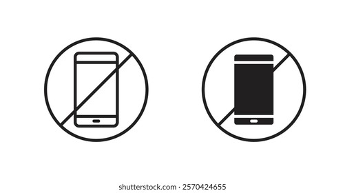 No cell phone sign vectors set in black. line and flat versions