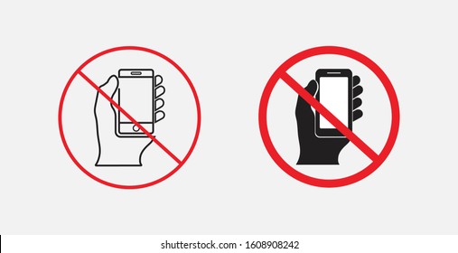 No cell phone vector icon isolated on grey background. Sign forbidden phone icon. Do Not Use Mobile Phone Sign. Outline and filled vector icons set