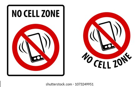 No cell zone sign. Simple black lines drawing of mobile phone symbol in red crossed circle. Rectangle and round version.