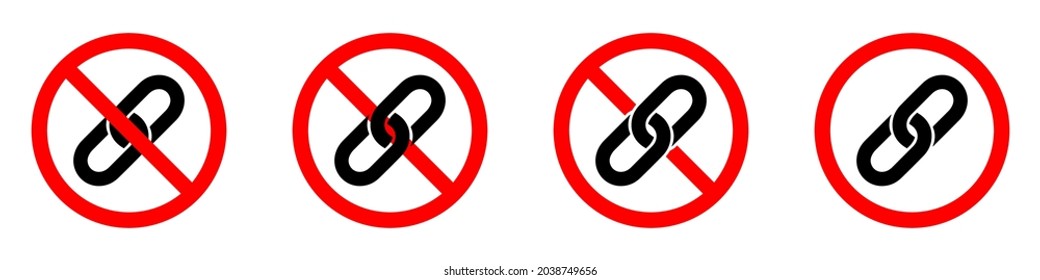 No chain icon. Link ban icon. Chain is prohibited. Stop or ban red round sign with chain icon. Vector illustration.