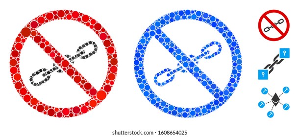 No chain mosaic of round dots in variable sizes and shades, based on no chain icon. Vector round dots are united into blue mosaic. Dotted no chain icon in usual and blue versions.