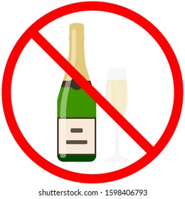 No champagne sign. Prohibition of alcohol. A glass bottle is crossed out in a red circle, isolated on a white background. Vector stock illustration.