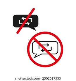 No hay icono de chat. Símbolo de intercambio prohibido. Señal roja prohibida. Ilustración vectorial.