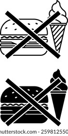 No Cheat Meals Icons. Black and White Vector Illustrations. Hamburger and Ice Cream Forbidden. Healthy Eating. Healthy Lifestyle. Weight Loss Concept
