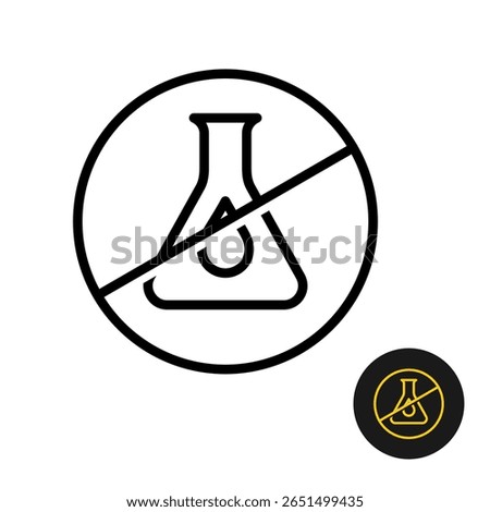 No chemical artificial additives black line icon. Dye free symbol. Crossed round badge with cone flask and liquid drop sign. Editable stroke.