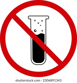 No chemical sign. Prohibition sign no chemicals. Sign of a red crossed circle with a silhouette of a laboratory flask inside. No lab test. Round red sign. No GMO.