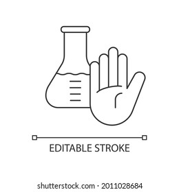 No chemical testing linear icon. Stop toxicity exposure. Prevent experiments. Prevent drug use. Thin line customizable illustration. Contour symbol. Vector isolated outline drawing. Editable stroke