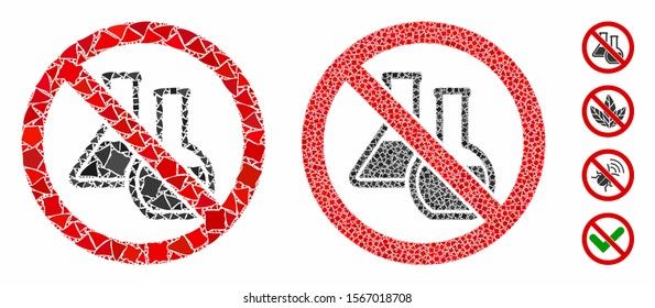 No chemicals composition of ragged items in various sizes and color tones, based on no chemicals icon. Vector ragged items are composed into collage. No chemicals icons collage with dotted pattern.