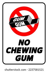 No chewing gum. Prohibition sign with silhouette of chewing gum package  and text.