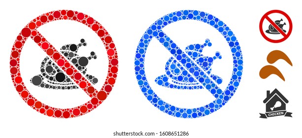 No chicken dish mosaic of filled circles in variable sizes and color tones, based on no chicken dish icon. Vector filled circles are grouped into blue mosaic.