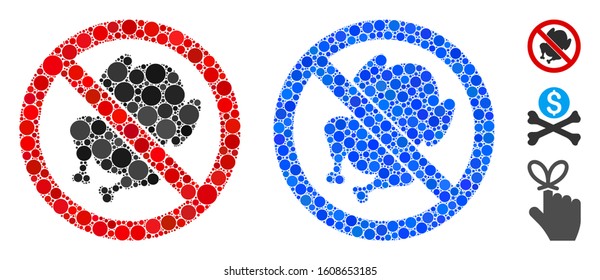 No chicken mosaic of round dots in different sizes and color tinges, based on no chicken icon. Vector round dots are united into blue composition. Dotted no chicken icon in usual and blue versions.