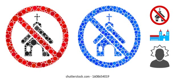 No church composition of small circles in variable sizes and shades, based on no church icon. Vector small circles are organized into blue illustration.