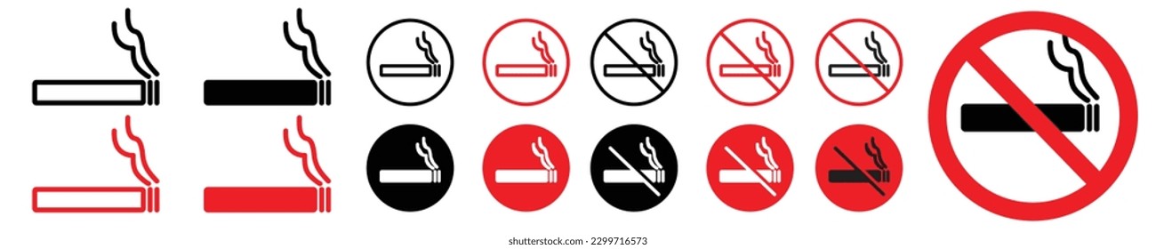 No hay ningún icono de cigarrillo. vector de signo de área de prohibición de humo. Dejar de fumar la etiqueta roja y negra redonda con fondo blanco 