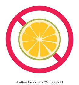 No citrus fruit sign, orange slice forbidden sign, citrus prohibition symbol, do not eat citrus sign, orange with red crossed circle
