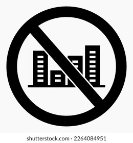 No city icon. No building. No pollution of nature. Illustration of the prohibition of high-rise buildings. Vector icon.