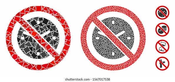 No clock mosaic of inequal elements in various sizes and color hues, based on no clock icon. Vector inequal items are united into illustration. No clock icons collage with dotted pattern.