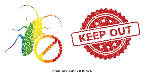 No cockroach collage icon of round blots in different sizes and LGBT color tones, and Keep Out scratched rosette stamp seal. A dotted LGBT-colored No cockroach for lesbians, gays, transgenders,