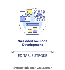 No code development concept icon. App production. Trend in website technology abstract idea thin line illustration. Isolated outline drawing. Editable stroke. Arial, Myriad Pro-Bold fonts used