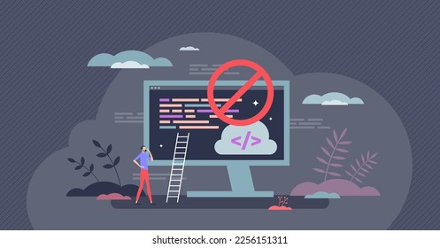 No code platform for mobile applications programming tiny person concept. Software development with easy tool vector illustration. Templates for beginner IT work and training tool with open source.