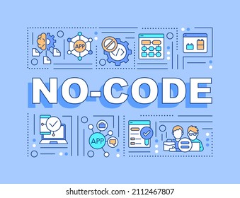 No code word concepts blue banner. Web 3 0 solutions for apps Infographics with linear icons on background. Isolated typography. Vector color illustration with text. Arial-Black font used