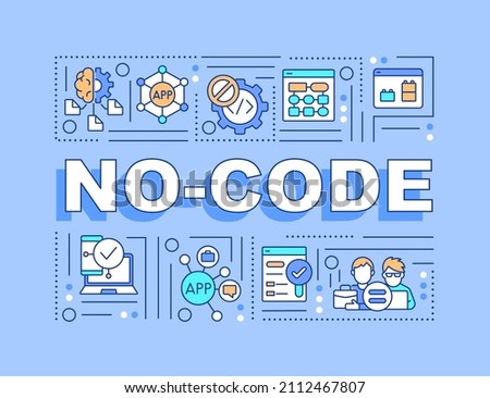 No code word concepts blue banner. Web 3 0 solutions for apps Infographics with linear icons on background. Isolated typography. Vector color illustration with text. Arial-Black font used
