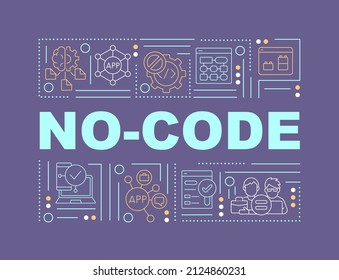 No code word concepts purple banner. Web 3 0 solutions for apps Infographics with linear icons on background. Isolated typography. Vector color illustration with text. Arial-Black font used