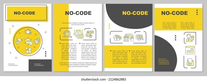 No code yellow brochure template. Web 3 0 solutions. Booklet print design with linear icons. Vector layouts for presentation, annual reports, ads. Arial-Black, Myriad Pro-Regular fonts used