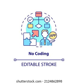 No Coding Concept Icon. Build Platform With Low Code Requirements. Web 3 0 Abstract Idea Thin Line Illustration. Isolated Outline Drawing. Editable Stroke. Arial, Myriad Pro-Bold Fonts Used