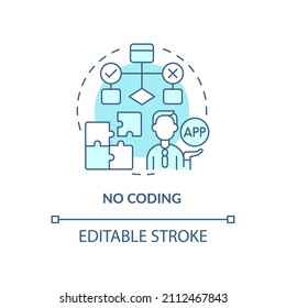 No coding turquoise concept icon. Build platform with low code requirements. Web 3 0 abstract idea thin line illustration. Isolated outline drawing. Editable stroke. Arial, Myriad Pro-Bold fonts used