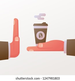 No coffee. Rejection caffeine. Give paper cup coffee. Hand gesture symbolizing refusal of coffee. Vector illustration flat design. Isolated on white background.