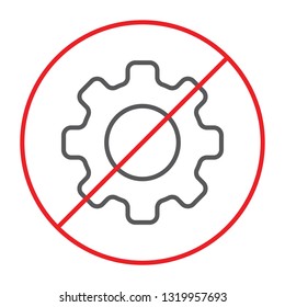 No cogwheel thin line icon, prohibited and ban, no gear sign, vector graphics, a linear pattern on a white background, eps 10.