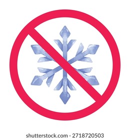 No hay señal fría, signo prohibido con el icono de hielo del copo de nieve, no congelar el símbolo, no se permite la congelación de la señal, Ilustración vectorial