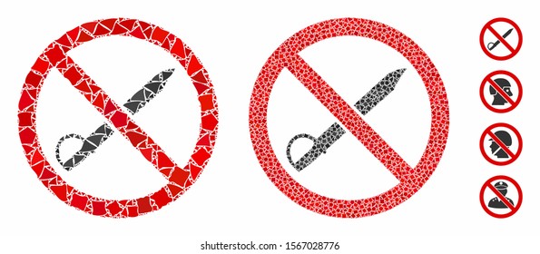 No cold weapon mosaic of rough elements in variable sizes and shades, based on no cold weapon icon. Vector irregular elements are grouped into composition.