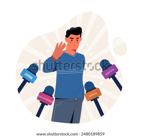 No comments to mass media. Man refuse to answer to questions from journalist. Famous person and celebrity near microphones. Silent young guy with reporters. Cartoon flat vector illustration