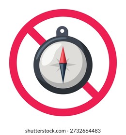 No compass sign, compass forbidden symbol, prohibited navigation tool icon, do not use compass sign, vector illustration