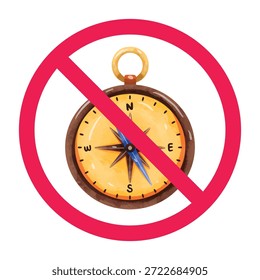 No hay señal de brújula, no se permite la herramienta de navegación, no use el símbolo de la brújula, ícono de equipo de navegación prohibido, Ilustración vectorial