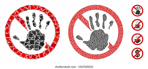 No composition of unequal parts in various sizes and color hues, based on no icon. Vector ragged parts are combined into collage. No icons collage with dotted pattern.