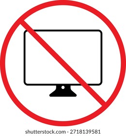 No hay icono de computadora. Símbolos de prohibición de PC. Diseño gráfico prohibido para portátiles. Restricción de dispositivos y señales de tecnología. Símbolos prohibidos del ordenador portátil