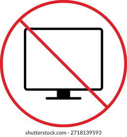 No hay icono de computadora. Símbolos de prohibición de PC. Diseño gráfico prohibido para portátiles. Restricción de dispositivos y señales de tecnología. Símbolos prohibidos del ordenador portátil