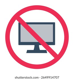 No computer monitor sign, forbidden PC monitor icon, computer screen prohibited symbol, no desktop monitor allowed, forbidden office screen symbol