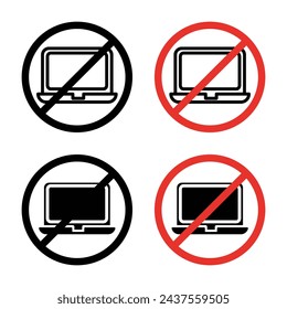 No Computer Sign Icon Set. Electronics and device prohibition vector symbol in a black filled and outlined style. Digital Gear Ban Sign.