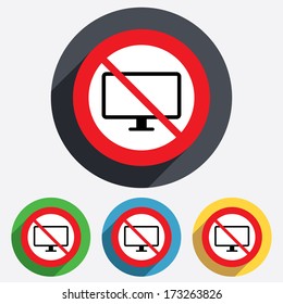 No Computer widescreen monitor sign icon. Red circle prohibition sign. Stop flat symbol. Vector