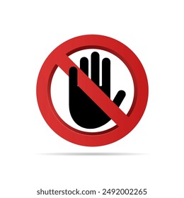 No concept or stop sign with hand icon. 3d vector illustration