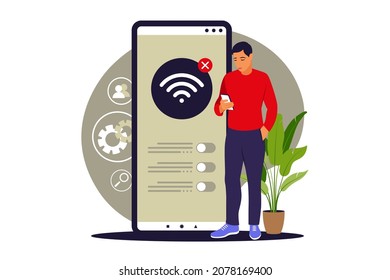 No Connection Concept. No Internet, Search Wireless Network Signal On Mobile Phone. Vector Illustration. Flat.